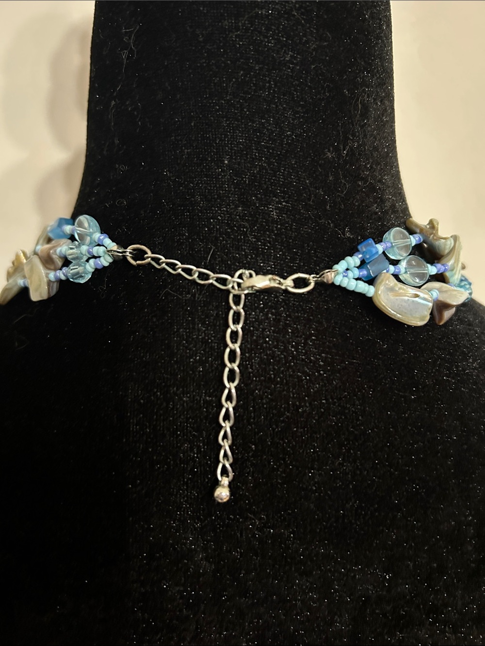Triple-Strand Blue Shell and Glass Bead Necklace 21 Inch Adjustable - Picture 3 of 3